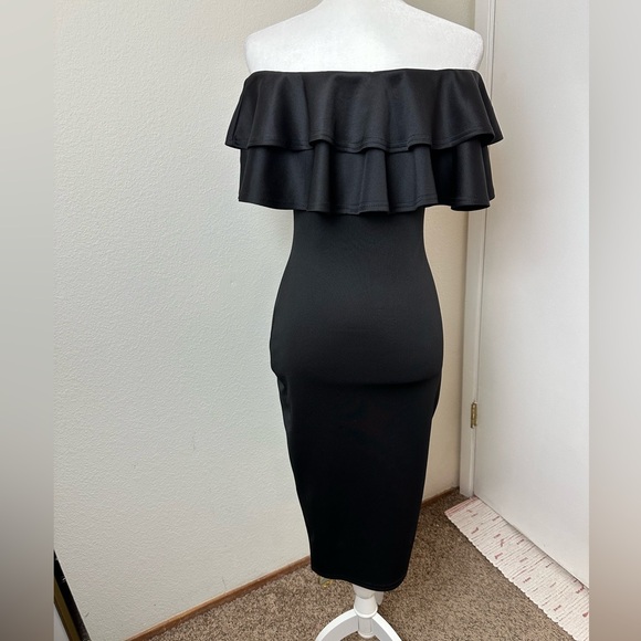 BOOHOO Black Off the Shoulder Double Ruffle Bodycon Midi Dress EUC - Picture 3 of 8